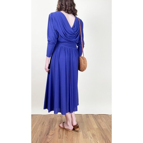 Vintage Draped Pleated Open Back Midi Dress Long Sleeve Wedding Guest 80s 90s - Picture 3 of 8